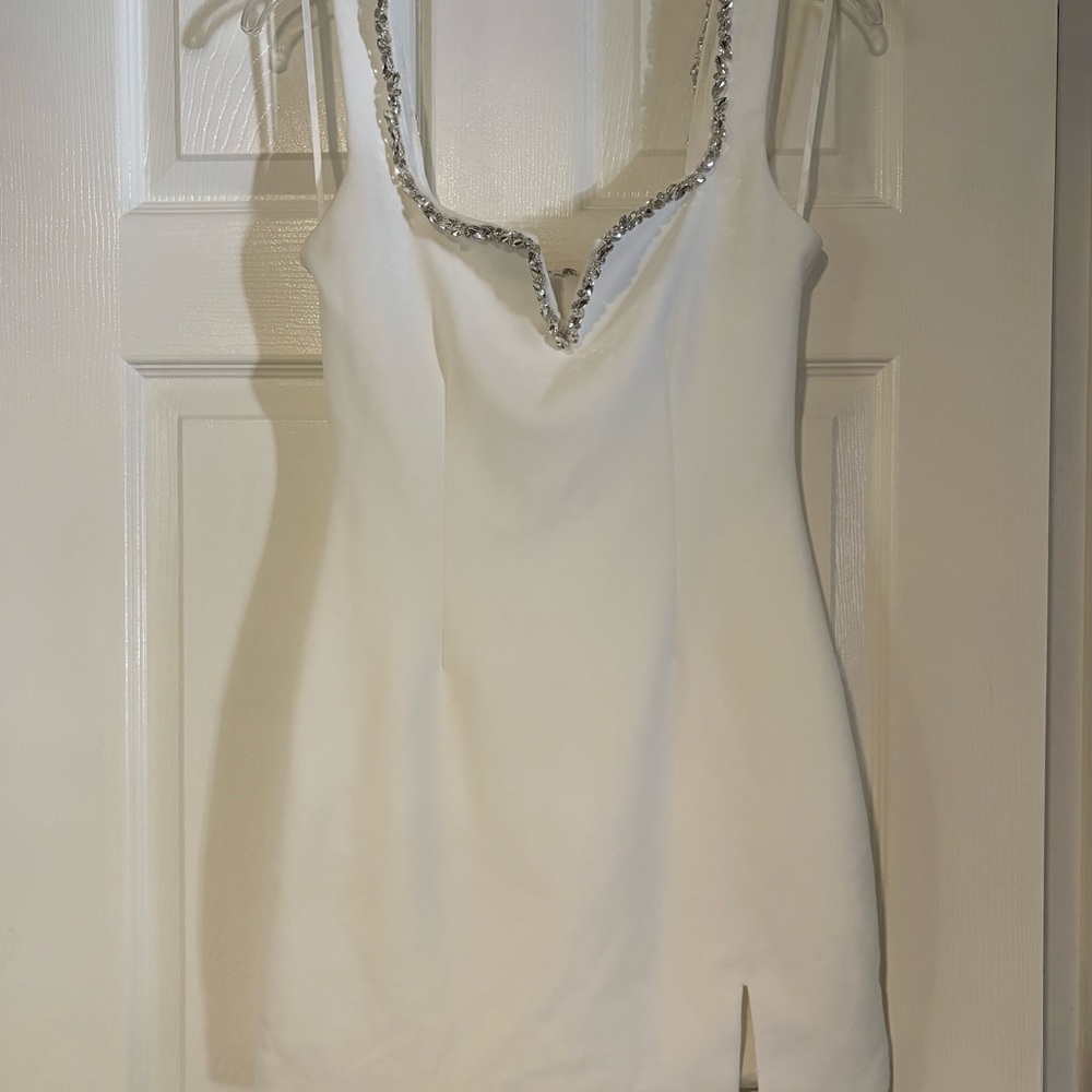 HELLO MOLLY Elegant White Dress with Embellished Neckline